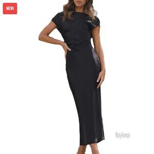 Satin Midi Dress Cap Sleeve Ruched Waist Cowl Back Wedding Guest Formal